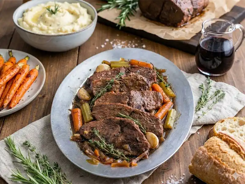 פילה מדומה שלם בתנור ברוטב יין אדום עשיר עם ירקות שורש