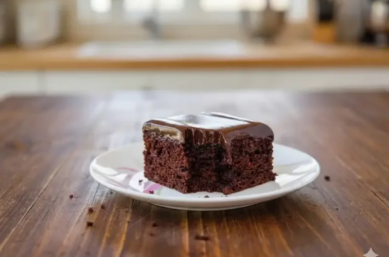 פרוסת עוגת שוקולד עסיסית מצופה בשכבה נדיבה של גנאש שוקולד פרווה מבריק, מונחת על צלחת לבנה על גבי שולחן עץ.