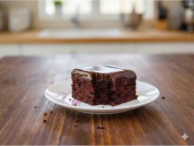 פרוסת עוגת שוקולד עסיסית מצופה בשכבה נדיבה של גנאש שוקולד פרווה מבריק, מונחת על צלחת לבנה על גבי שולחן עץ.