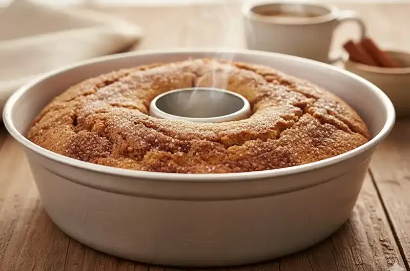 עוגת קינמון בחושה וכלכך מוצלחת בתוך תבנית לאחר האפייה