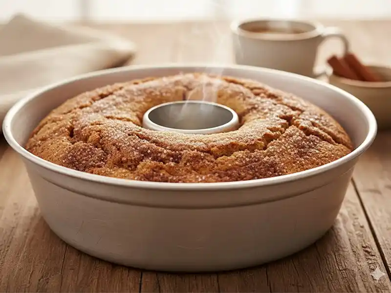 עוגת קינמון בחושה וכלכך מוצלחת בתוך תבנית לאחר האפייה