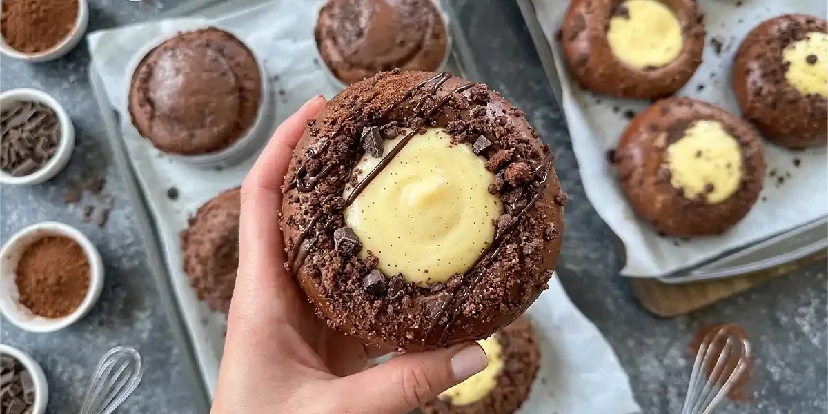 יד מחזיקה מאפה בריוש שוקולד אוורירי במילוי קרם פטיסייר עשיר וציפוי קראמבל, שחזור ביתי למתכון הוויראלי של 'קפה סטף' ירושלים.