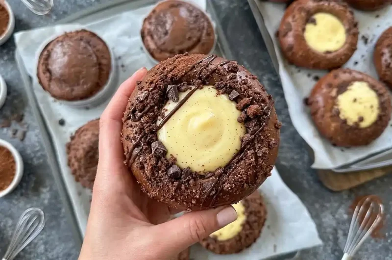 יד מחזיקה מאפה בריוש שוקולד אוורירי במילוי קרם פטיסייר עשיר וציפוי קראמבל, שחזור ביתי למתכון הוויראלי של 'קפה סטף' ירושלים.